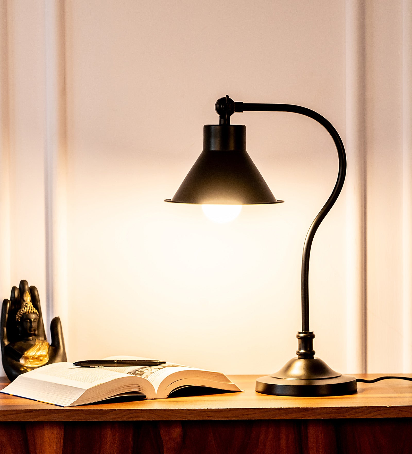 Study Desk Office Reading Curved Black Polished Table Lamp with Adjustable Head Shade