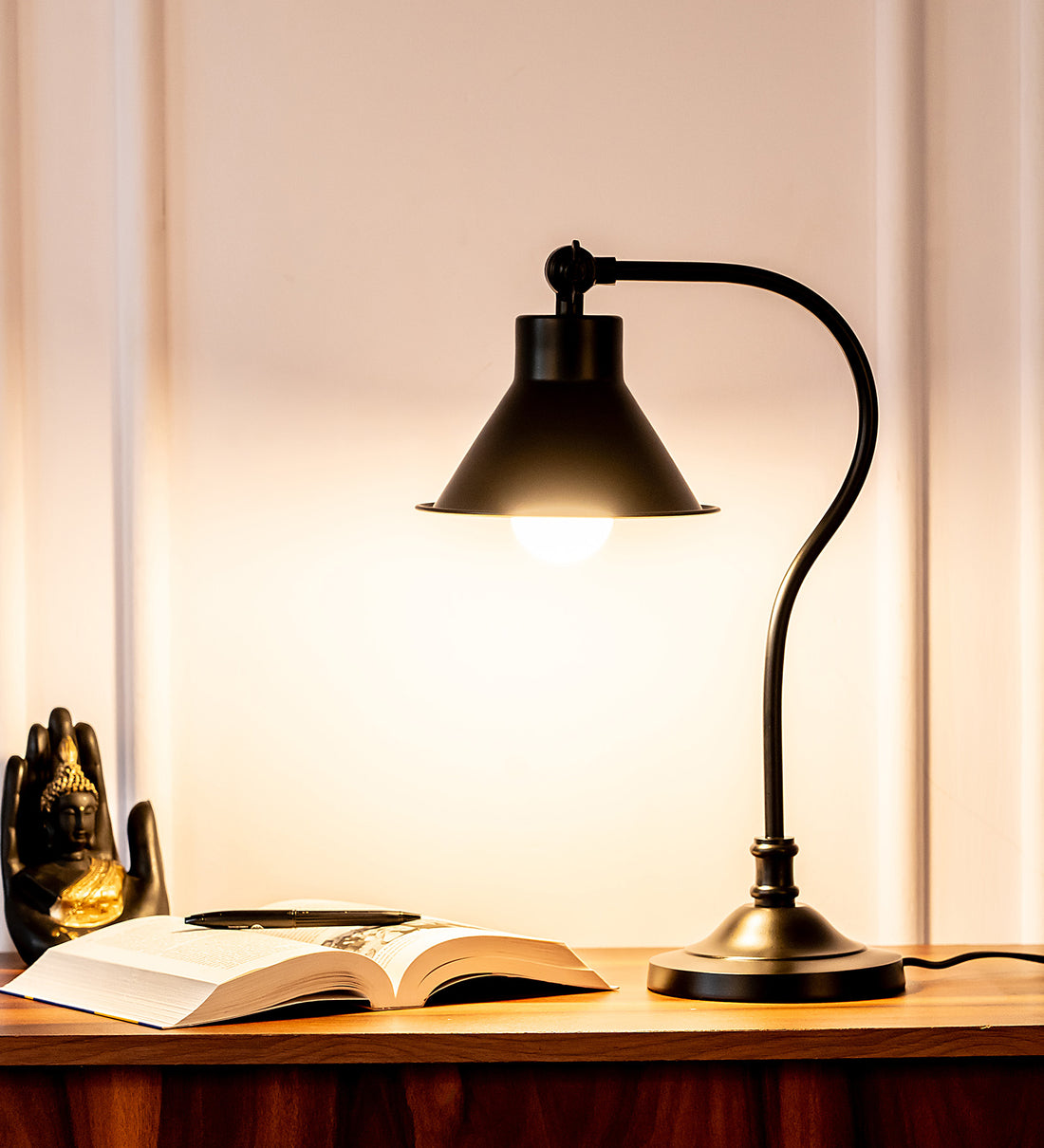 Study Desk Office Reading Curved Black Polished Table Lamp with Adjustable Head Shade