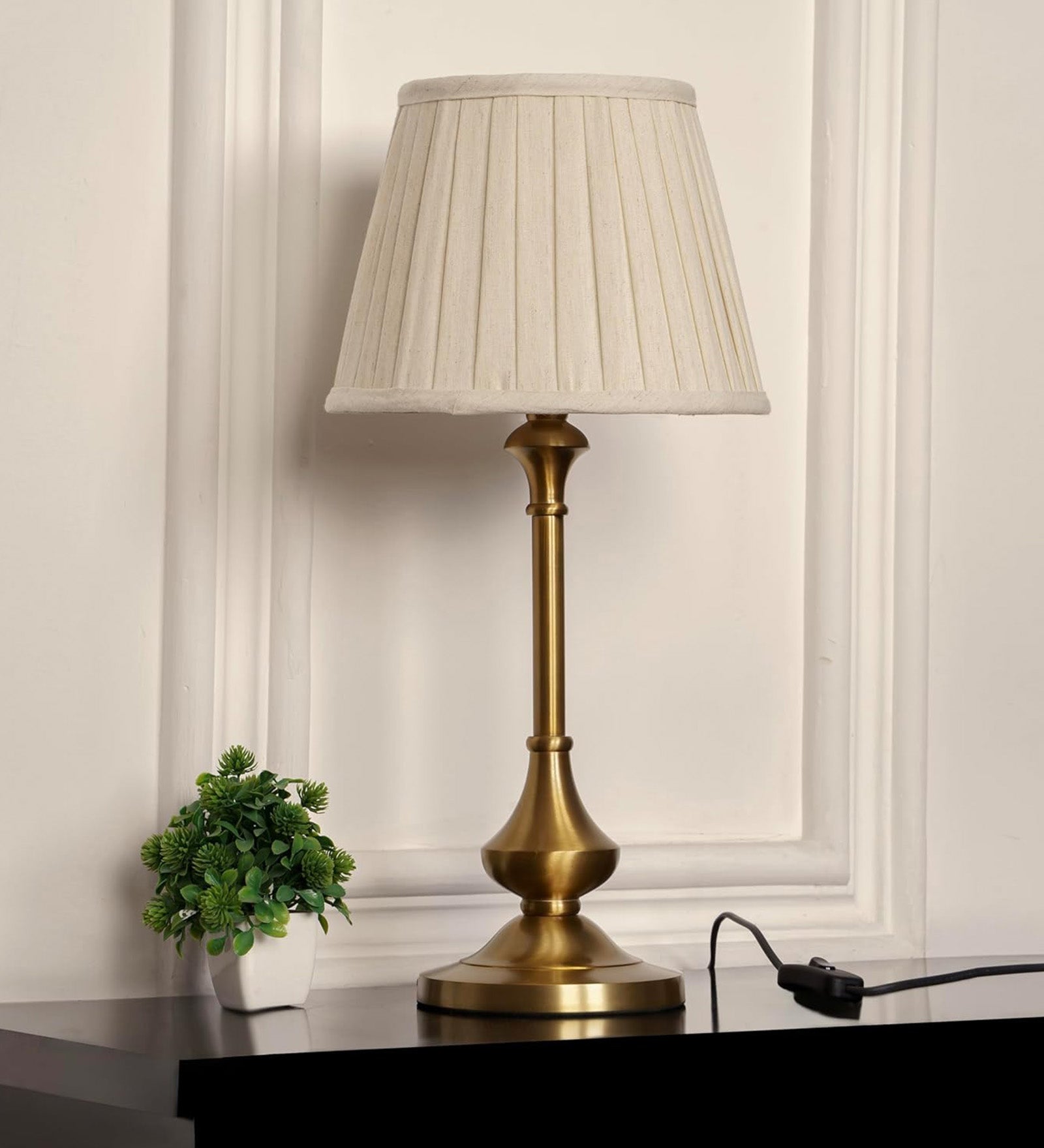 Brass Antique Gold Finish Table Lamp 22 Inches Height with Off White Pleated 10 Inches Diameter Lampshade