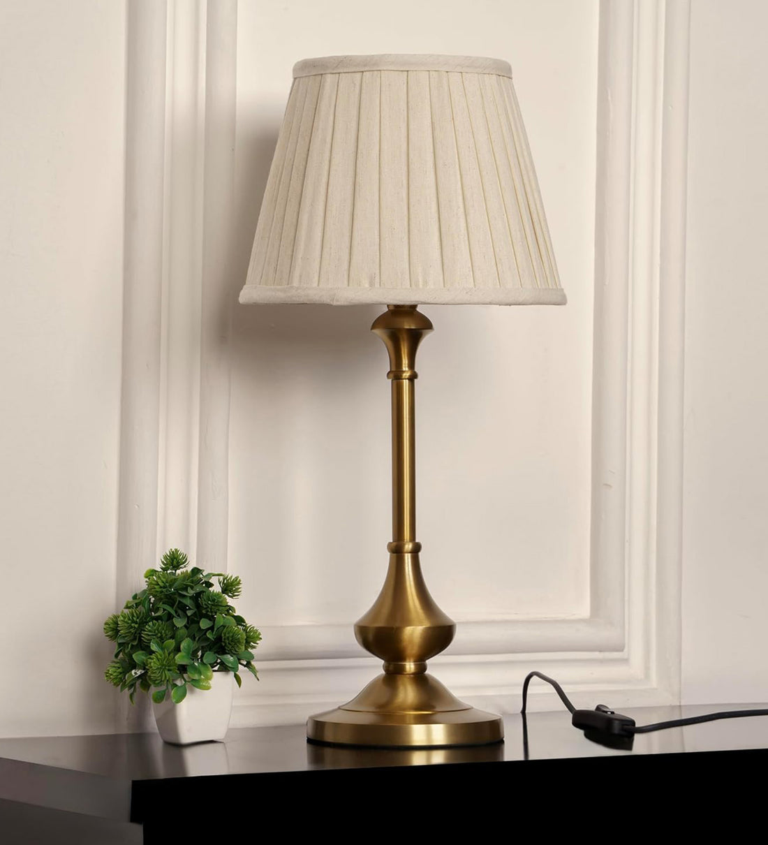 Brass Antique Gold Finish Table Lamp 22 Inches Height with Off White Pleated 10 Inches Diameter Lampshade