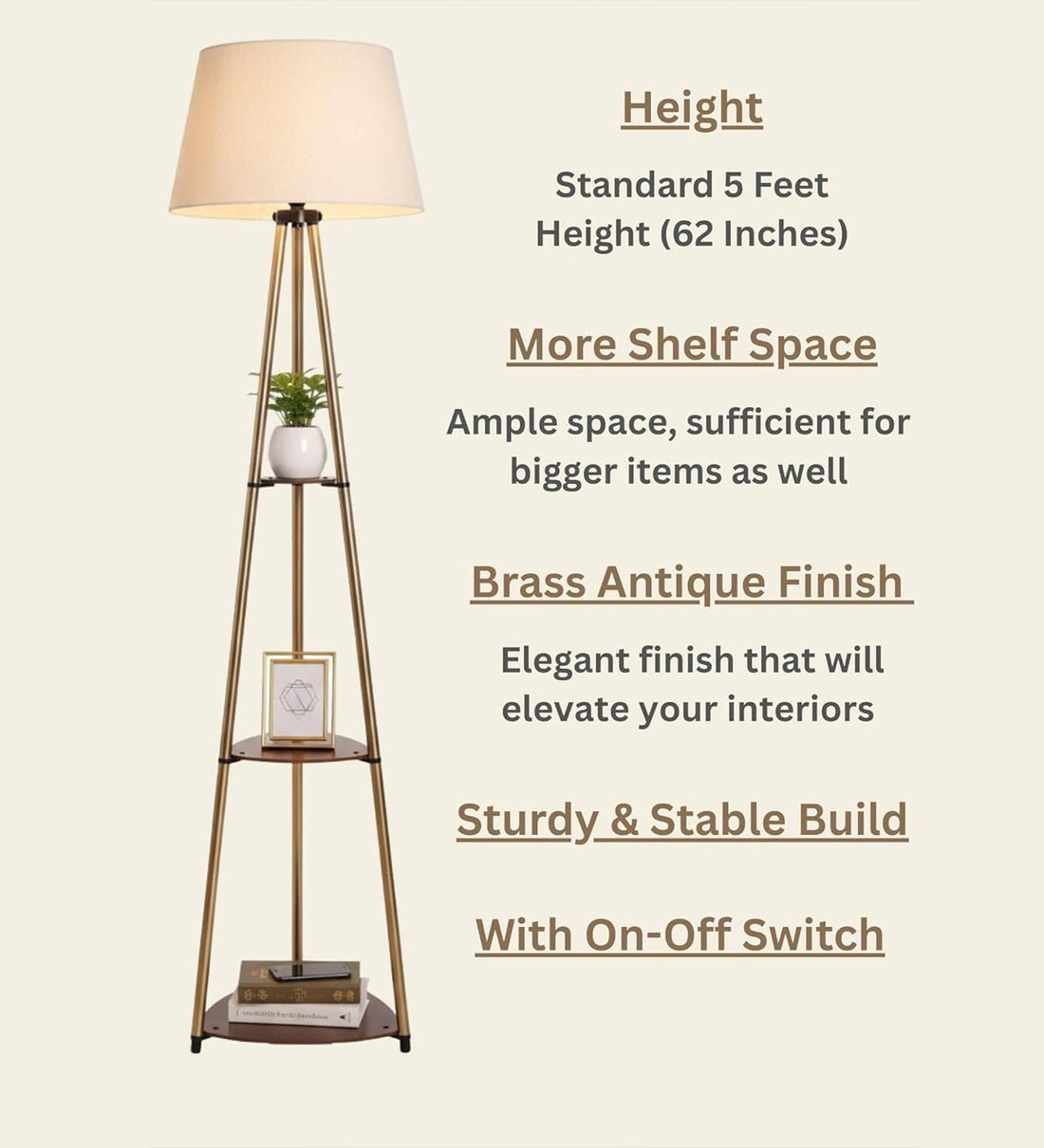 Antique Brass 3-Shelf Floor Lamp (5 ft) – 16″ Shade