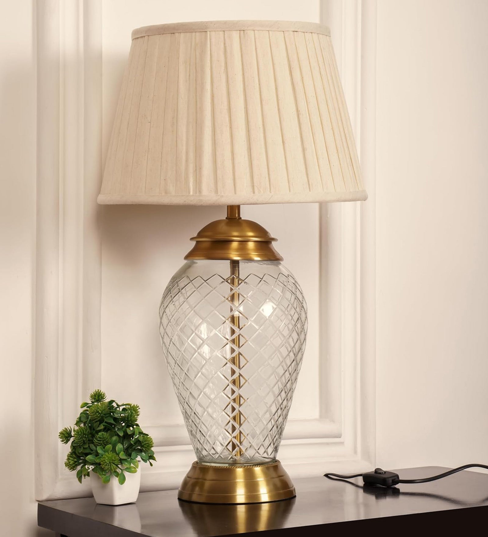 Royal Brass Antique Finish And Diamond Cut Glass Table Lamp 23 Inches Height With Off White Pleated 14 Inches Diameter Lampshade