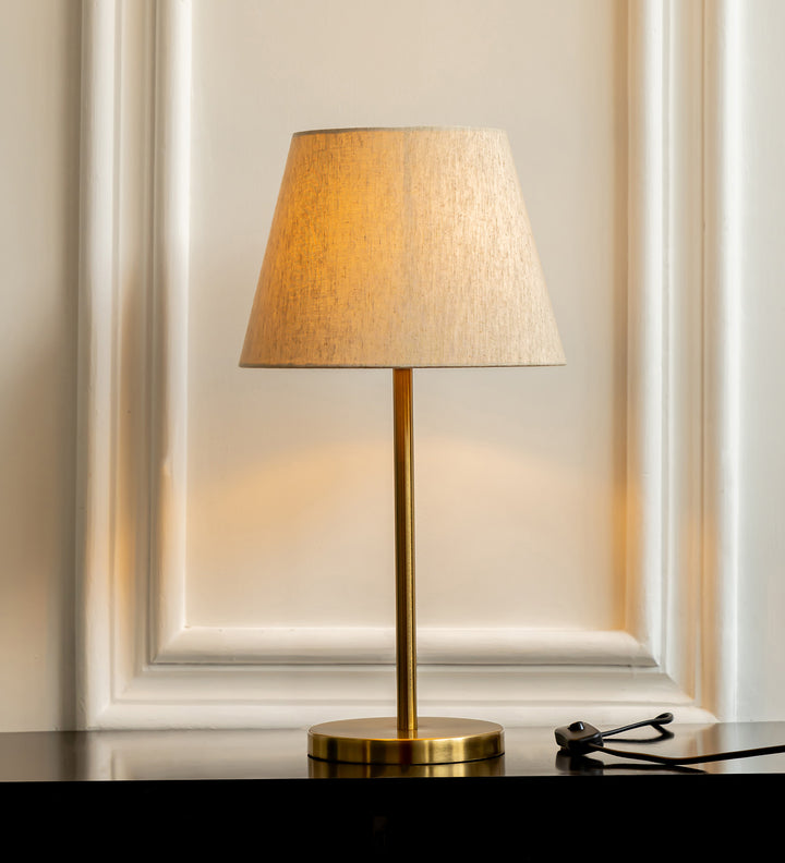 Table Lamp Antique Brass Finish 19 inches Height with 10" Bottom Diamater Off White Tapered Lampshade