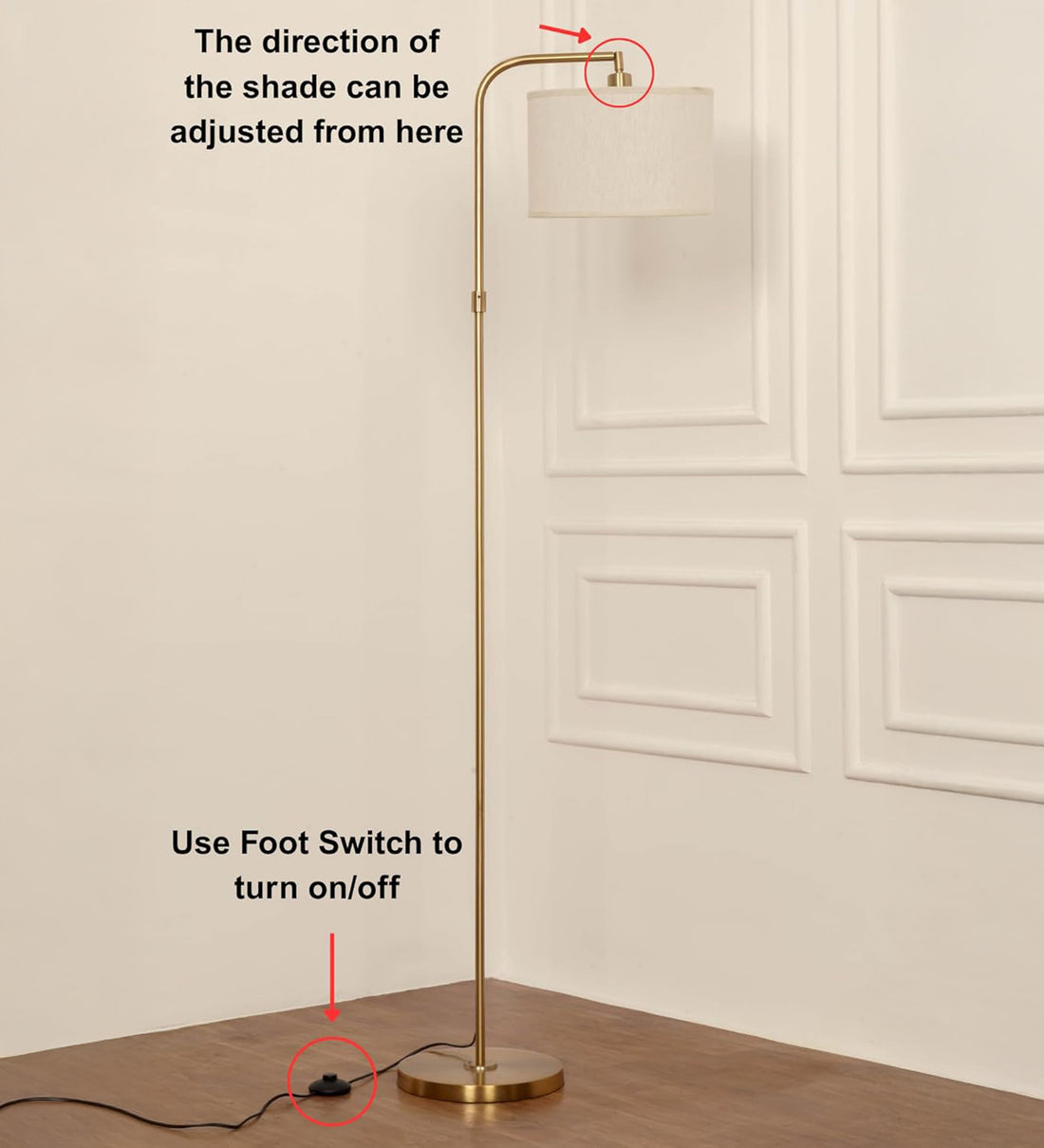 Brass Antique Finish Modern Arc Floor Lamp 6Ft Height with 12 inches Off White Drum Lampshade with Adjustable Shade Angle