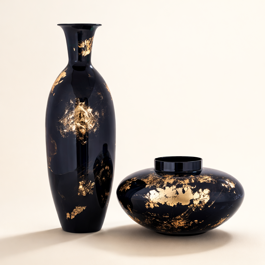 24K Gold Platina Iron Vase Set – Black & Gold Luxury Decorative Vases (Set of 2)