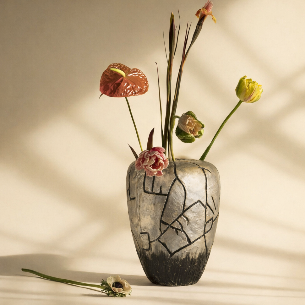 Onyx Mist Abstract Aluminum Decorative Vase – Modern Black & Gold Statement Accent