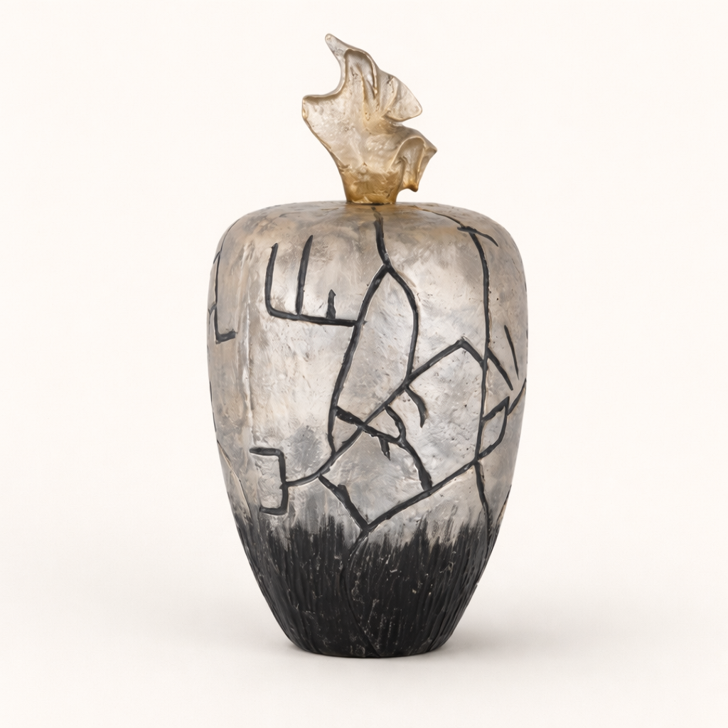 Onyx Mist Abstract Aluminum Decorative Vase – Modern Black & Gold Statement Accent