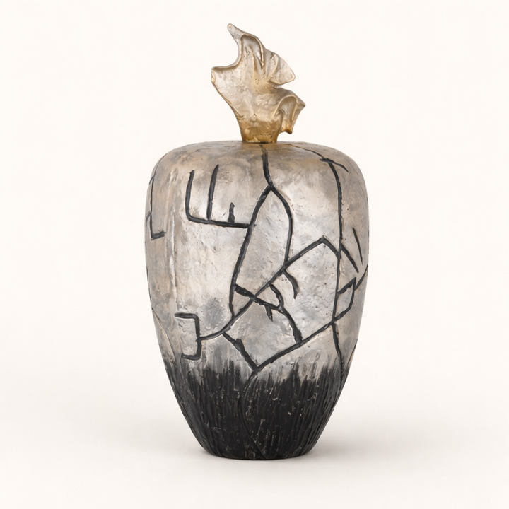 Onyx Mist Abstract Aluminum Decorative Vase – Modern Black & Gold Statement Accent