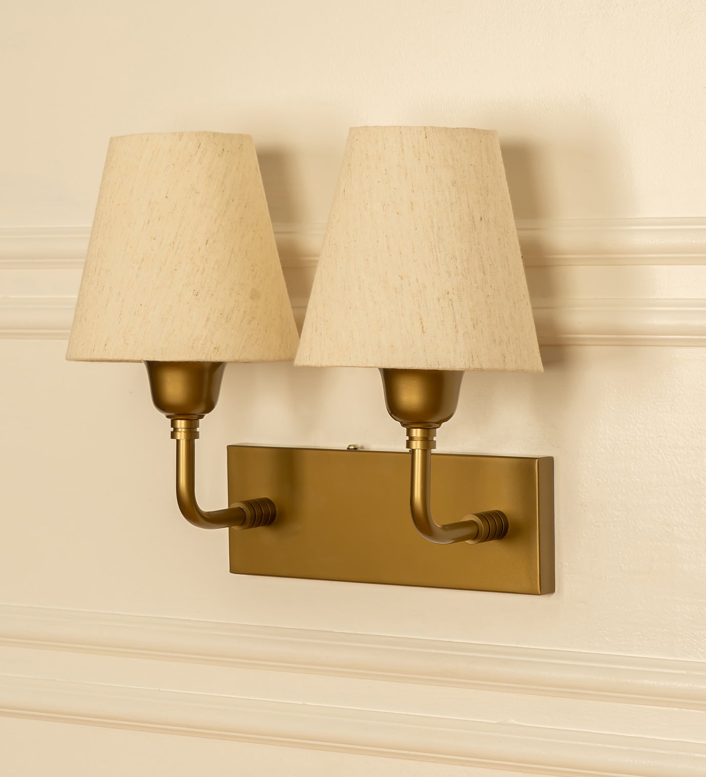 Double Elbow Wall Lamp with Off White Fabric Shade
