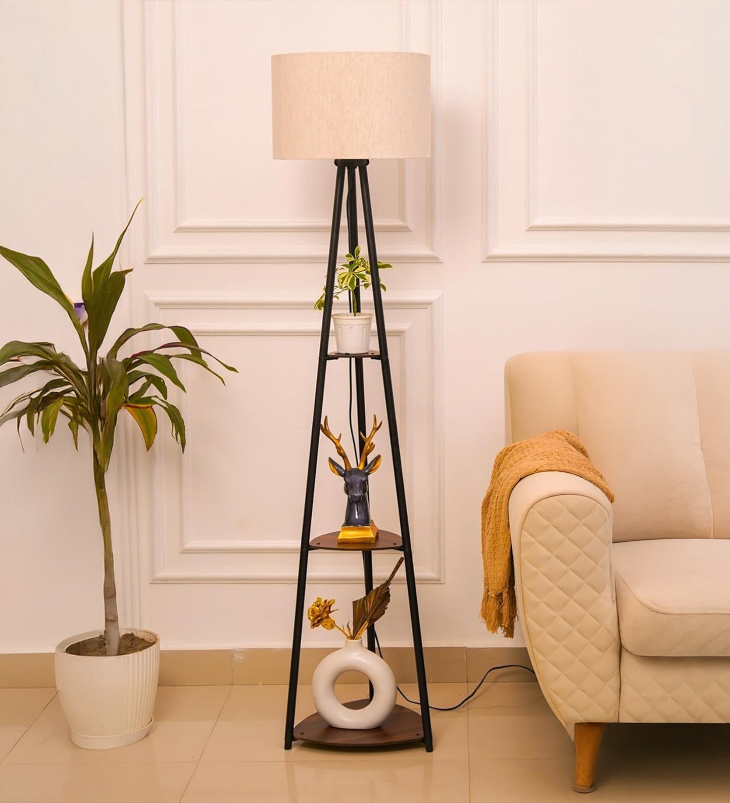 3 Shelf Floor Lamp Black with 14" Drum Shade
