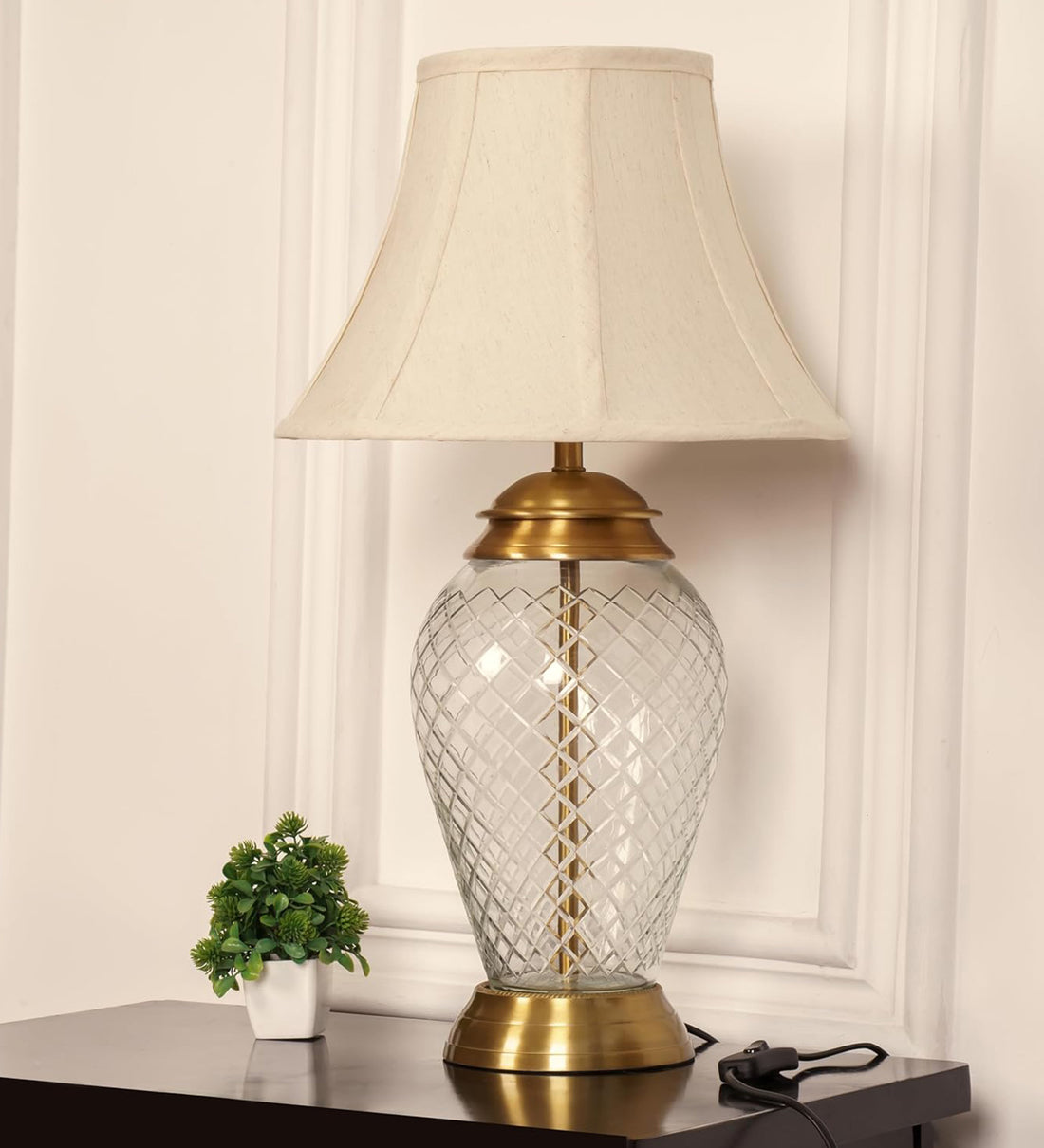 Royal Brass Antique Finish And Diamond Cut Glass Table Lamp 23 Inches Height With Off White Bell 14 Inches Diameter Lampshade