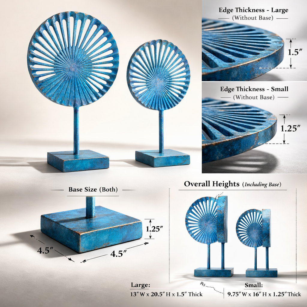Ocean Mist Blue Sunburst Aluminum Sculpture – Modern Tabletop Decor (Set of 2)