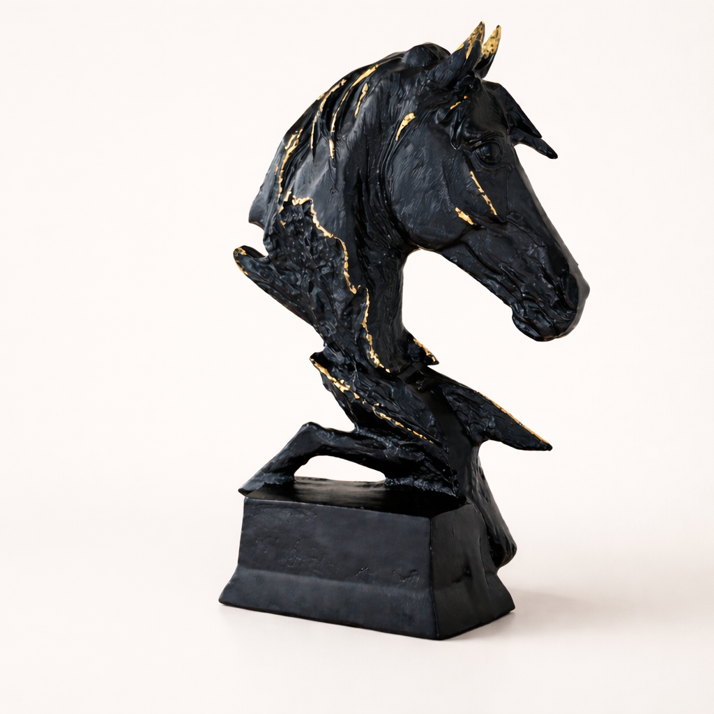 Noir Stallion Black Horse Head Sculpture – Modern Aluminum Tabletop Art Décor