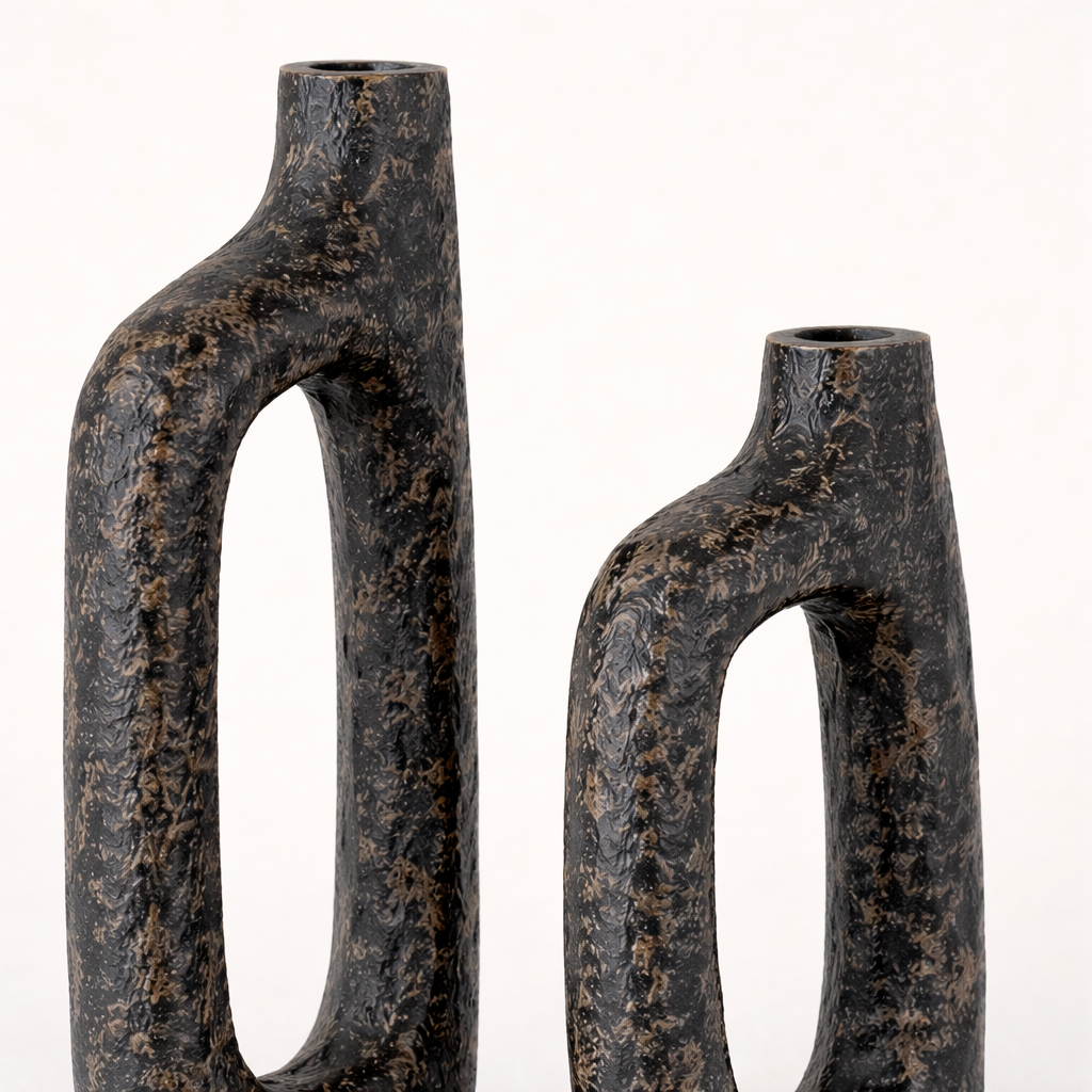 Bugle Back Sculptural Aluminum Vase Set – Textured Decorative Vases (Set of 2)