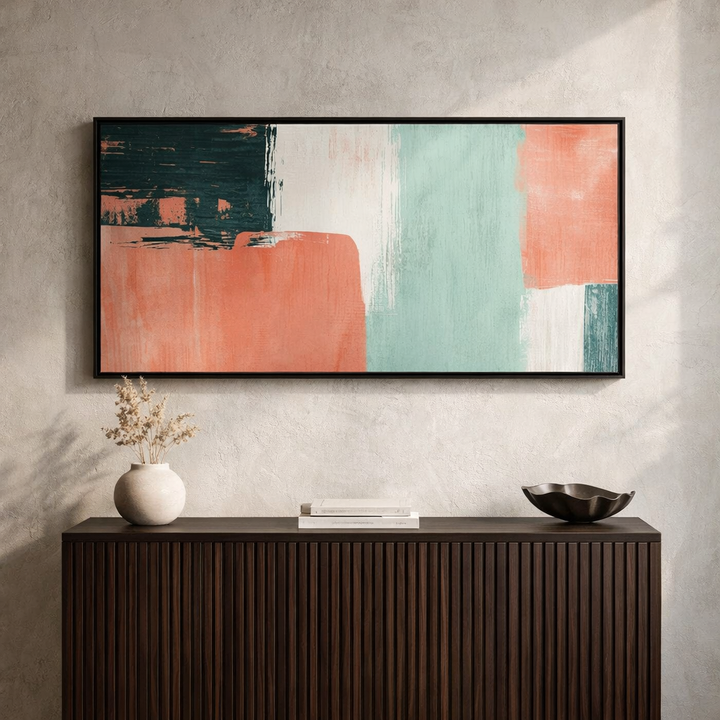 Coral Balance – Teal Blush Modern Geometric Canvas Wall Art 48x24