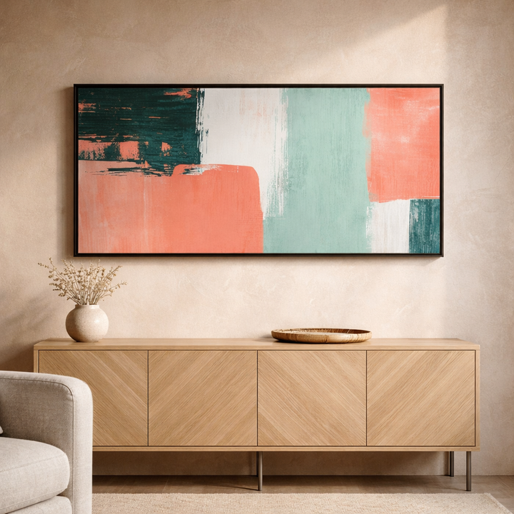 Coral Balance – Teal Blush Modern Geometric Canvas Wall Art 48x24