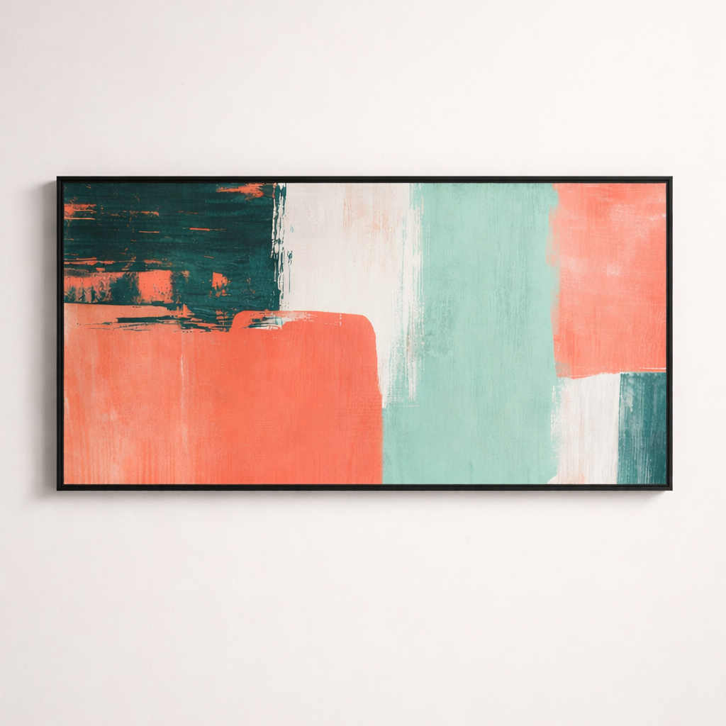 Coral Balance – Teal Blush Modern Geometric Canvas Wall Art 48x24