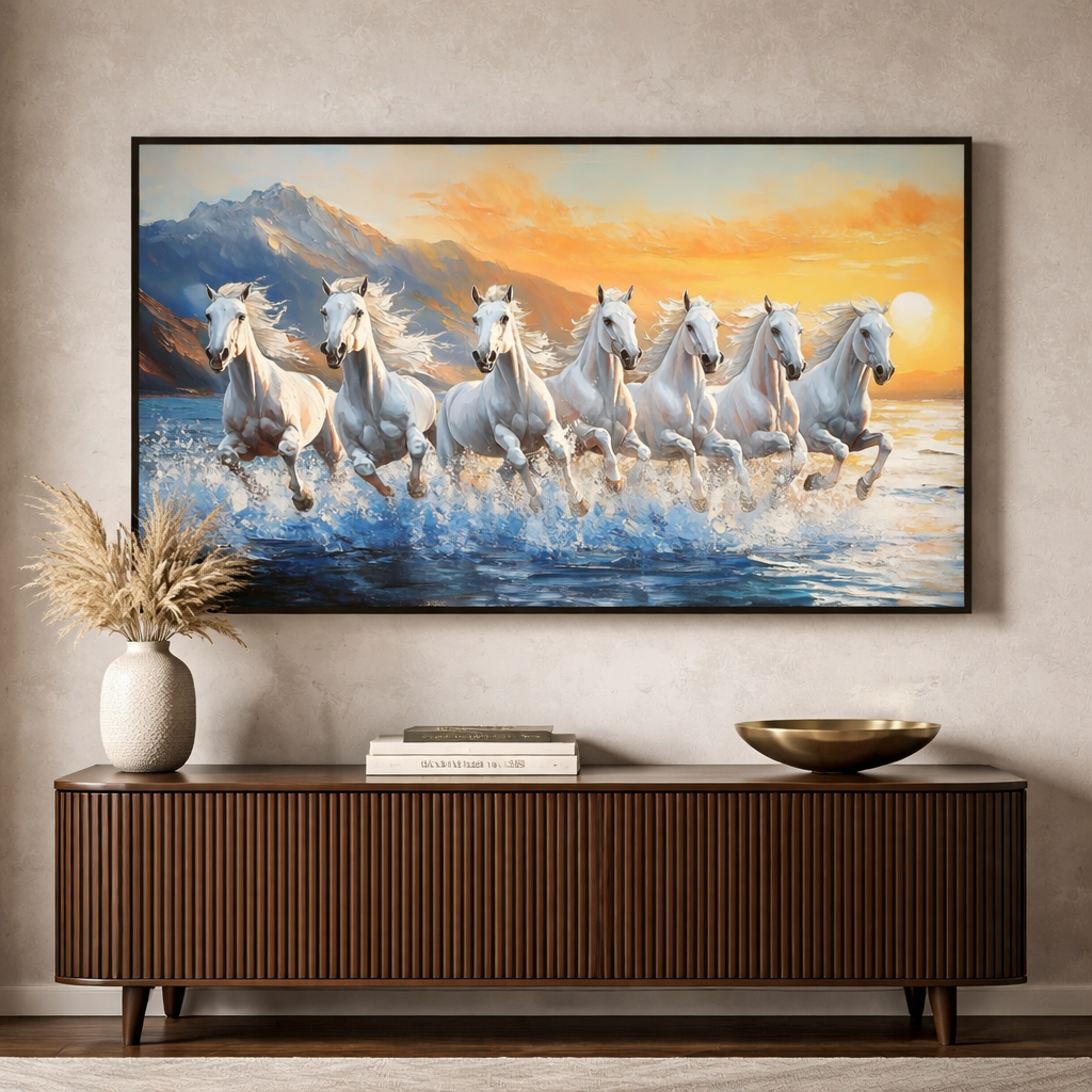 Sunset Gallop – White Horses Ocean Canvas Wall Art 48x24