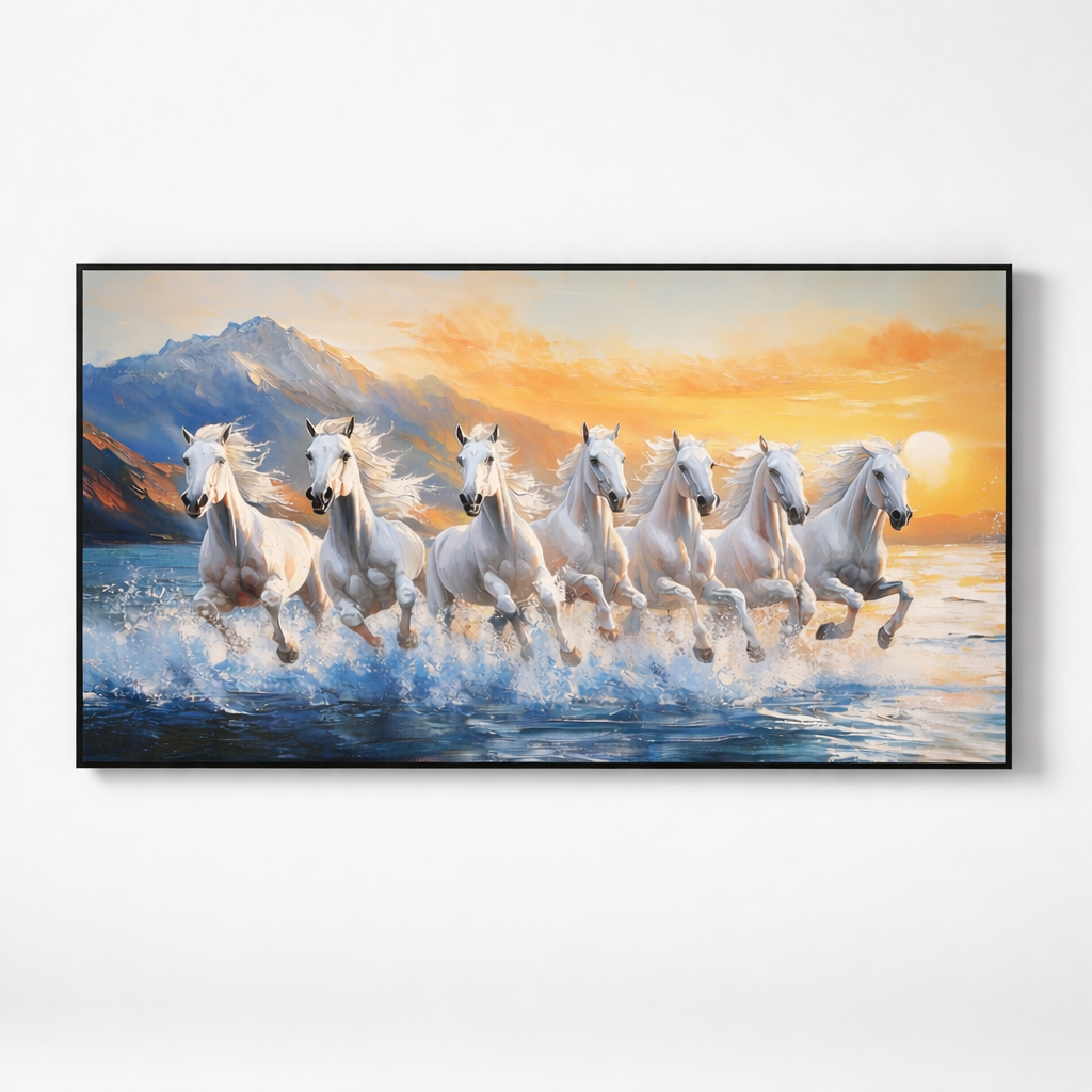 Sunset Gallop – White Horses Ocean Canvas Wall Art 48x24