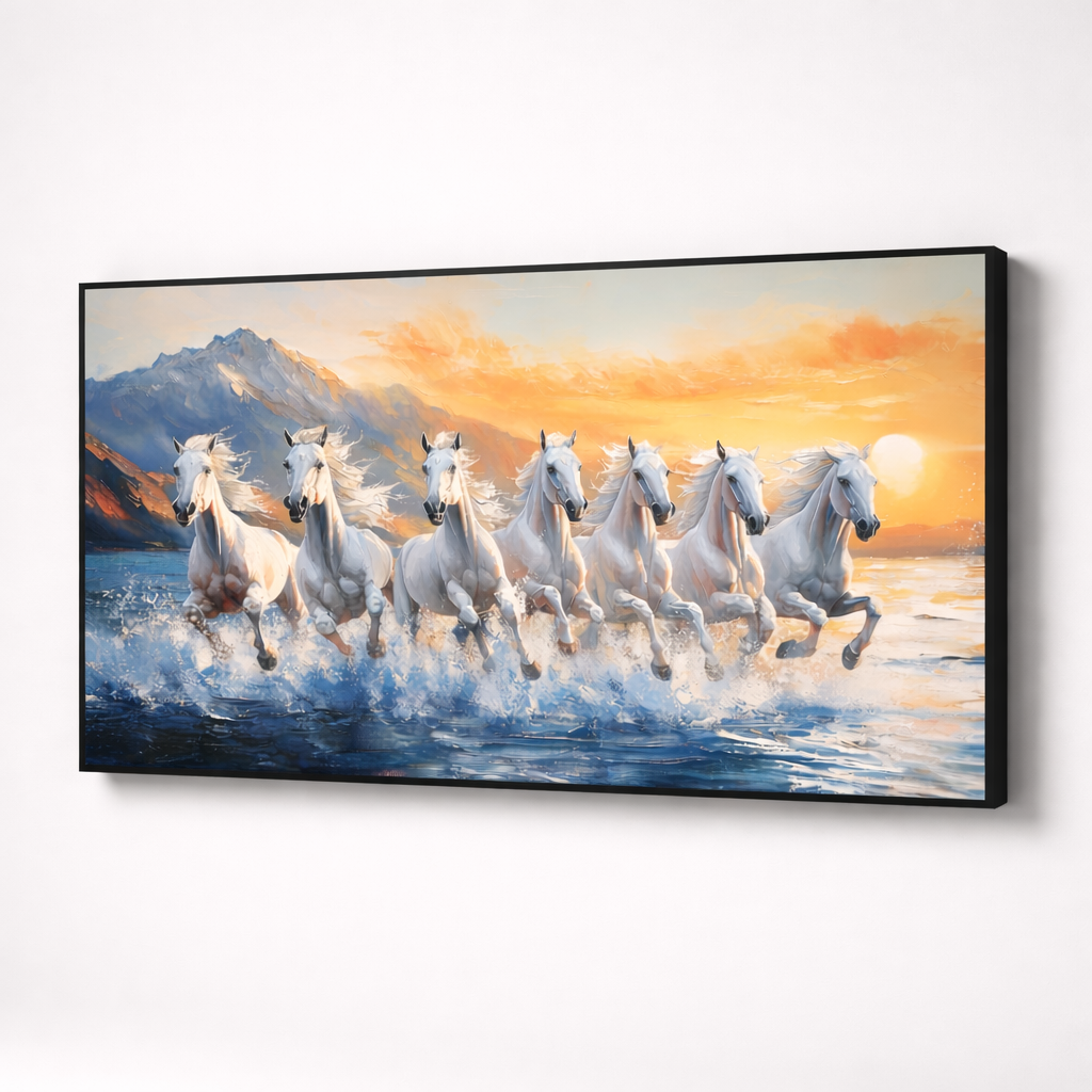 Sunset Gallop – White Horses Ocean Canvas Wall Art 48x24