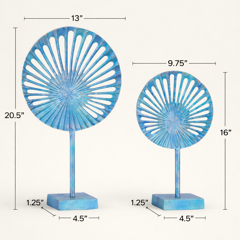 Ocean Mist Blue Sunburst Aluminum Sculpture – Modern Tabletop Decor (Set of 2)