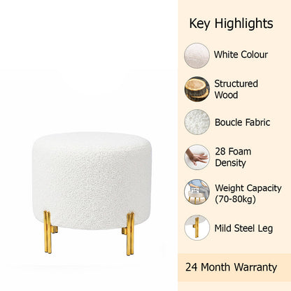 Premium Bouclé White Ottoman - Gold Legs