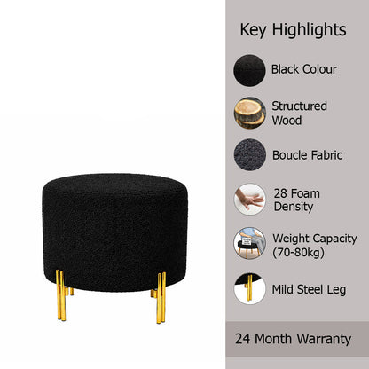 Premium Bouclé Black Ottoman - Gold Legs