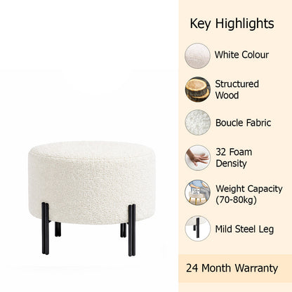 Premium Bouclé White Ottoman - Black Legs