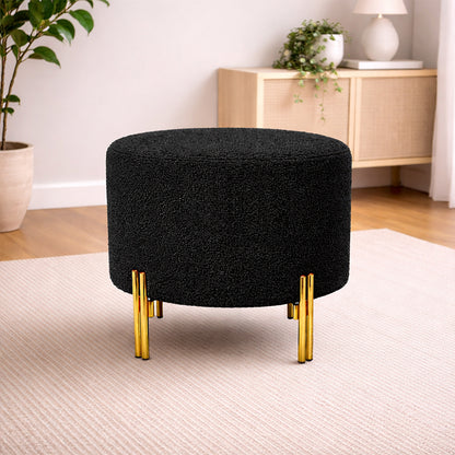 Premium Bouclé Black Ottoman - Gold Legs