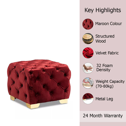 Maroon Velvet Tufted Ottoman - Gold Base