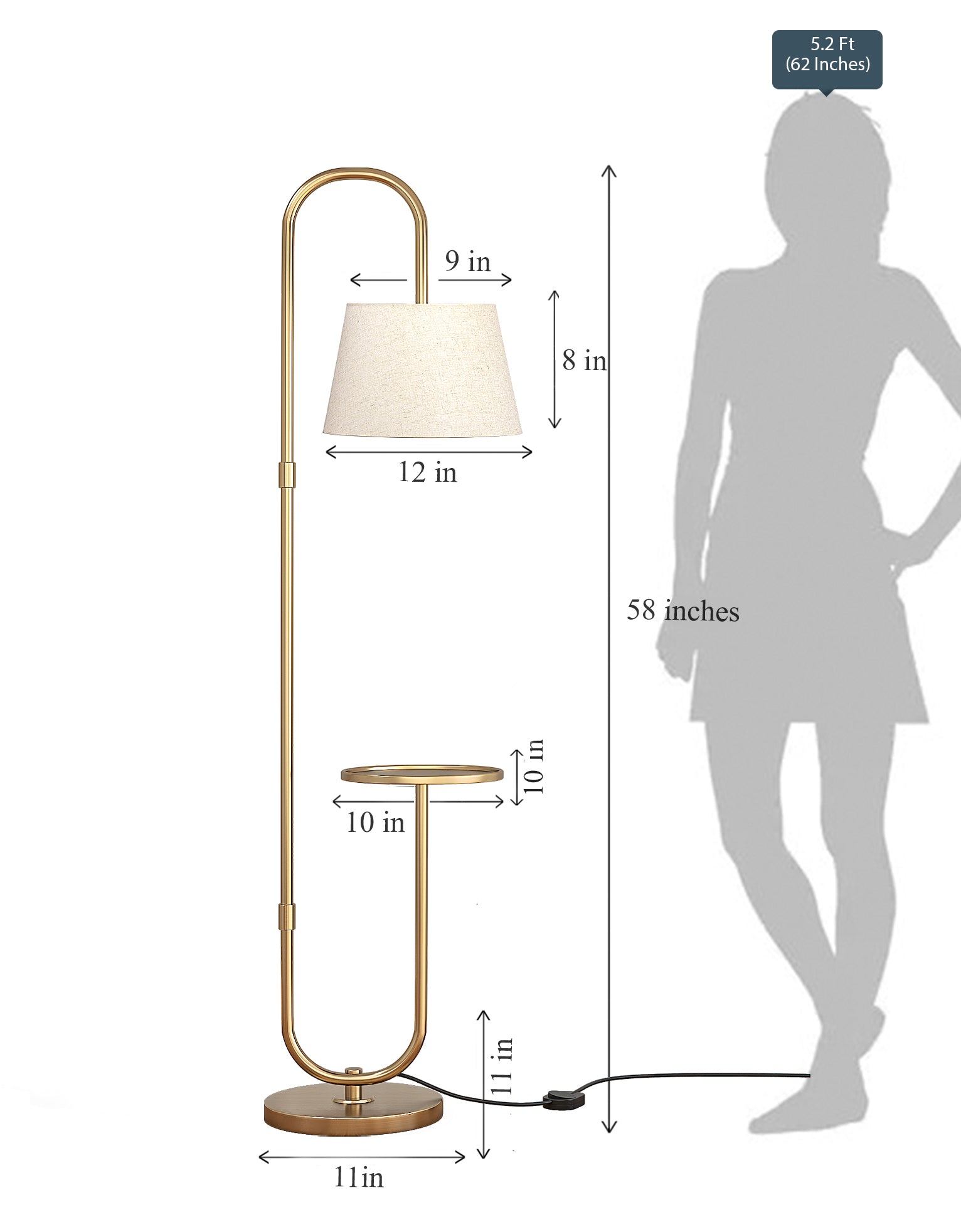 Modern Shelf Floor Lamp Standing Brass Antique Finish 5ft Height with Shelf Diameter 10 Inches and Off White Lampshade