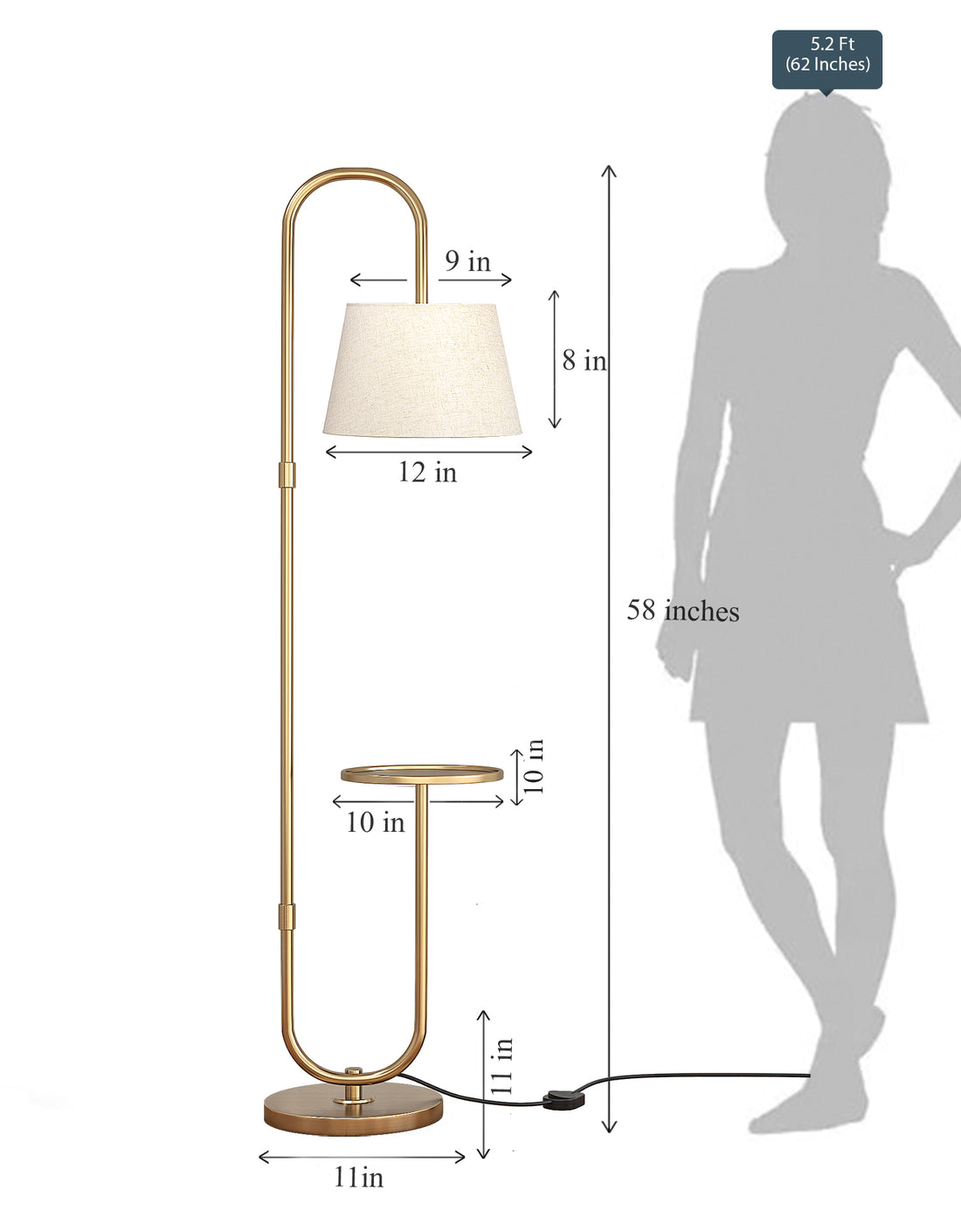Modern Shelf Floor Lamp Standing Brass Antique Finish 5ft Height with Shelf Diameter 10 Inches and Off White Lampshade