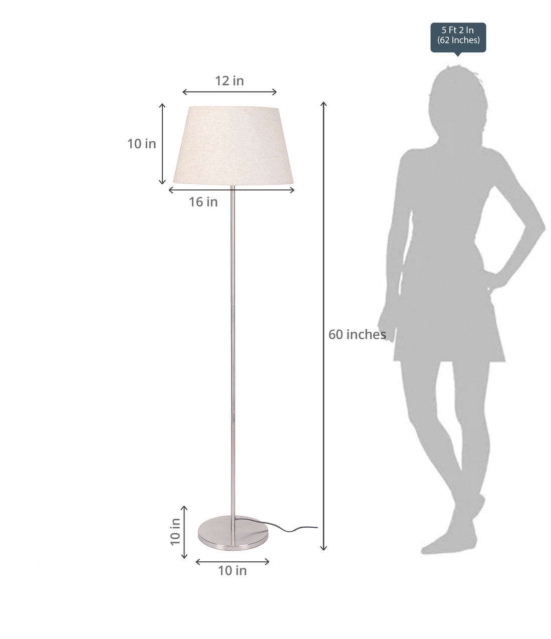 Floor Lamp Standing Modern Silver 5ft Height with Off White Lampshade 16 inches