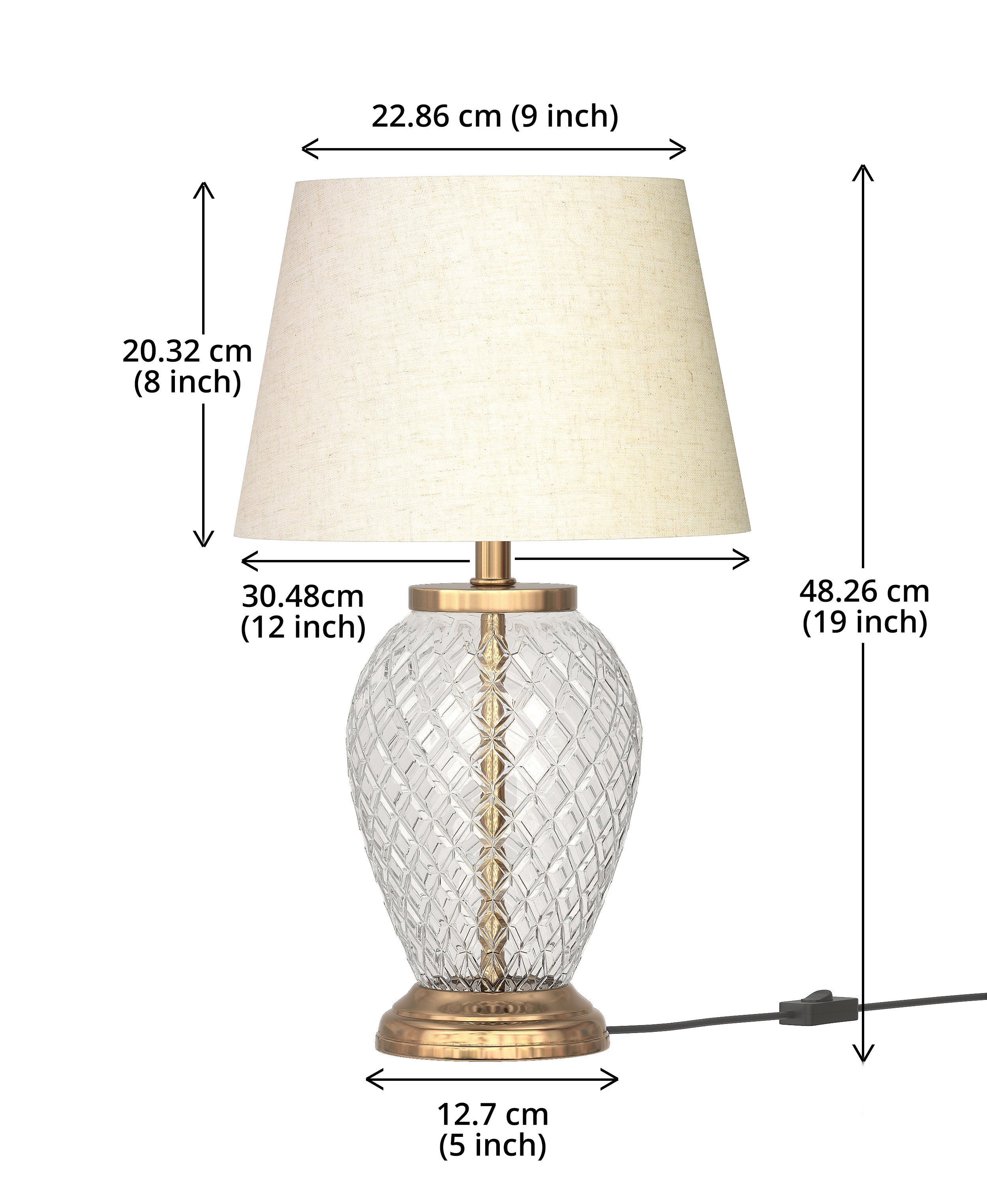 Diamond Cut Glass Table Lamp Brass Antique Finish 19 Inches Height With Off White 12 Inches Diameter Lampshade