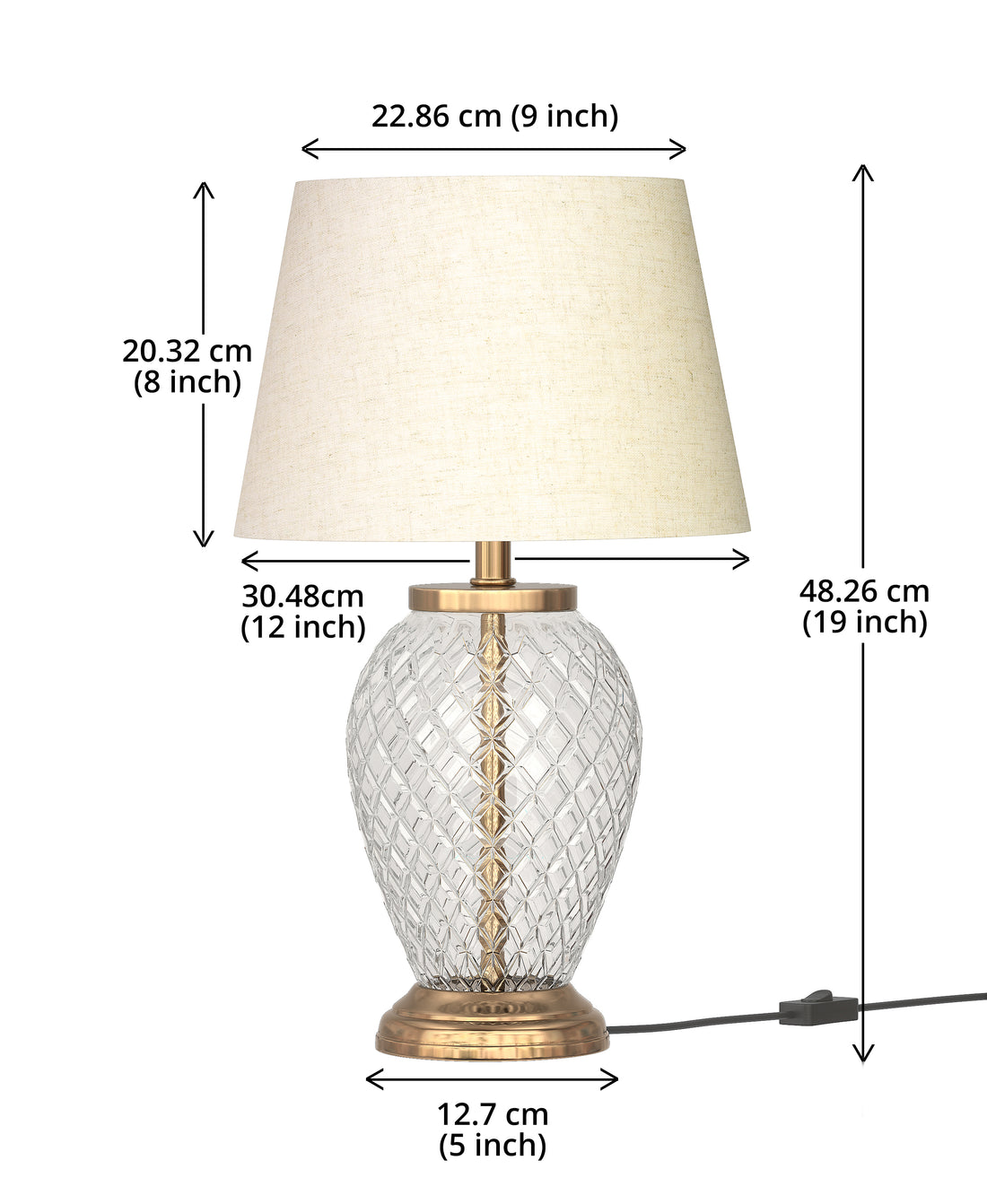 Diamond Cut Glass Table Lamp Brass Antique Finish 19 Inches Height With Off White 12 Inches Diameter Lampshade