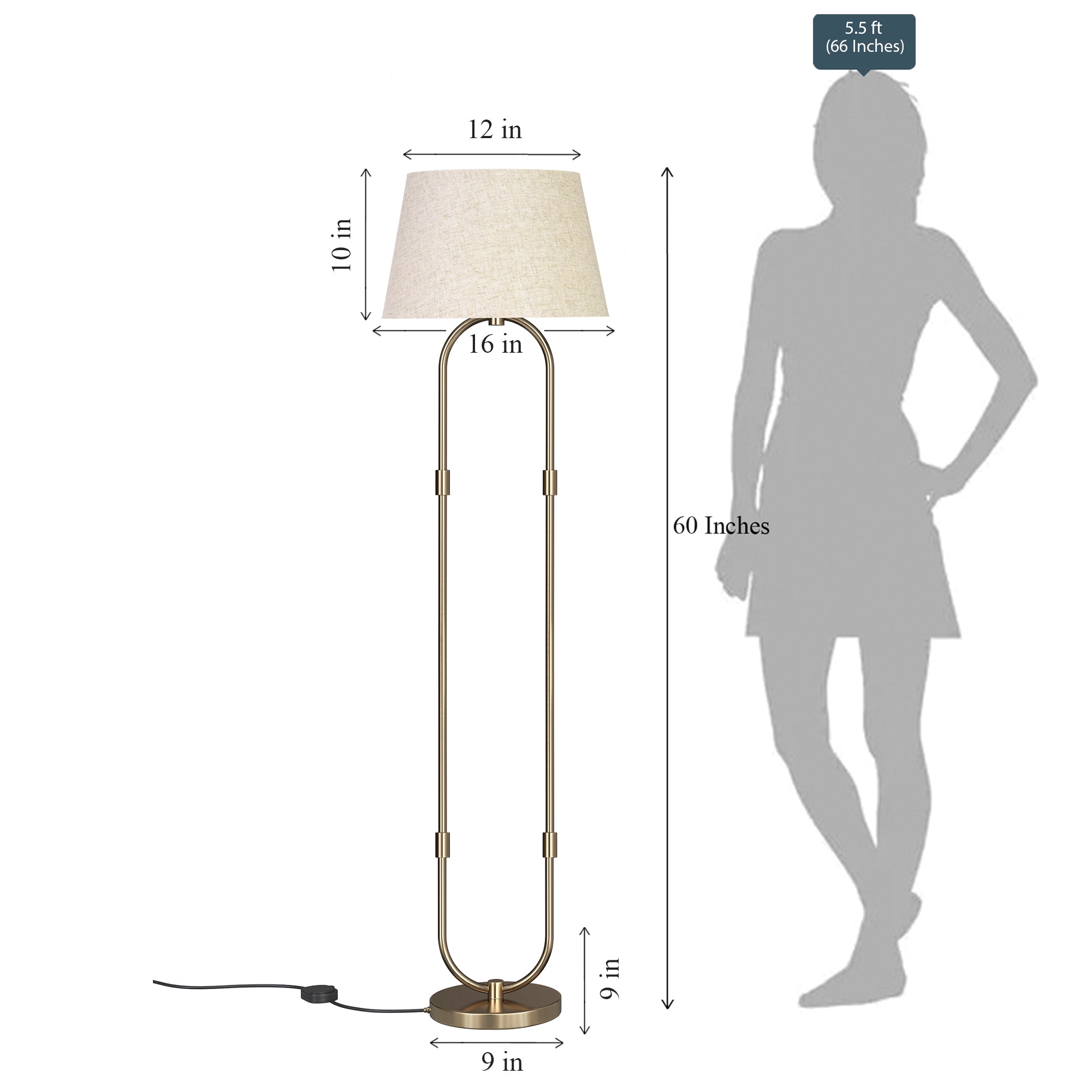 Modern Loop Floor Lamp Standing Brass Antique Finish 5ft Height with Off White Lampshade 16 inches