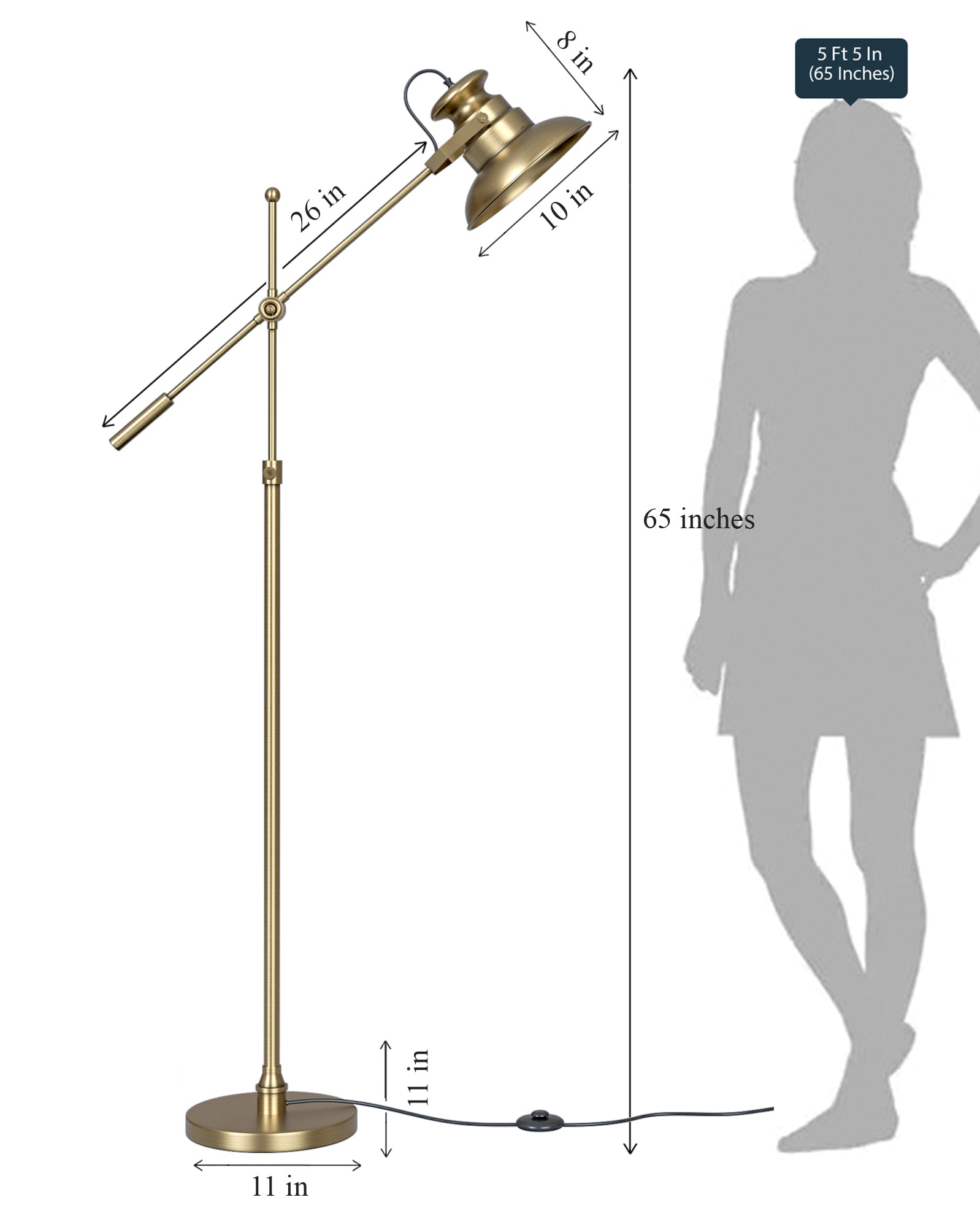 Modern Reading Task Floor Lamp Standing Focused Light Adjustable Height and Moveable Brass Antique finish