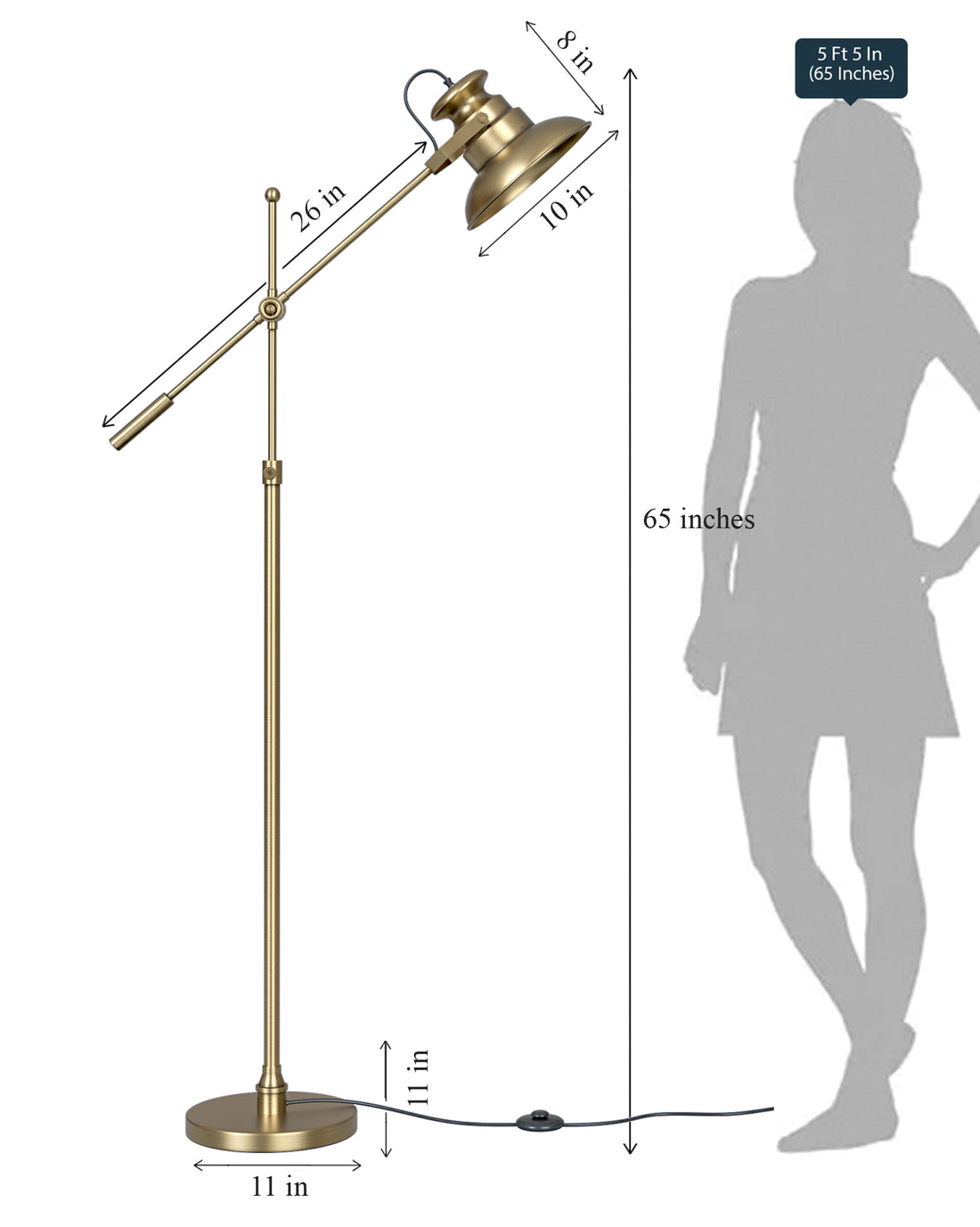 Modern Reading Task Floor Lamp Standing Focused Light Adjustable Height and Moveable Brass Antique finish