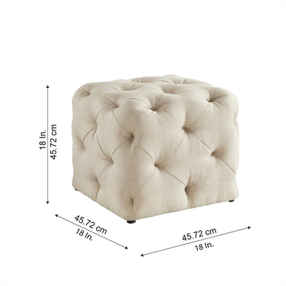 Colchester Beige Velvet Ottoman Cube - Wood Base