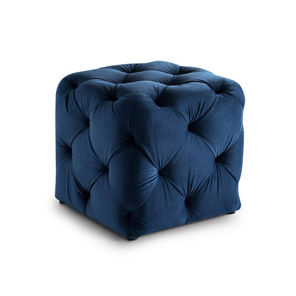 Colchester Blue Velvet Ottoman Cube - Wood Base
