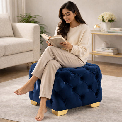 Blue Velvet Tufted Ottoman - Gold Base