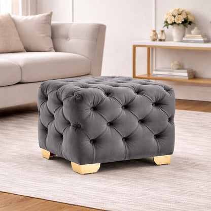 Grey Velvet Tufted Ottoman - Gold Base
