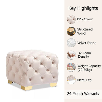 Pink Velvet Tufted Ottoman - Gold Base