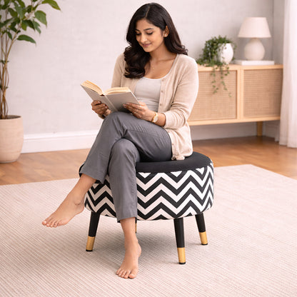 Zig Zag Black White Chevron Ottoman - Gold Tips