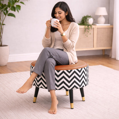 Zig Zag Tan Black Chevron Ottoman - Gold Tips