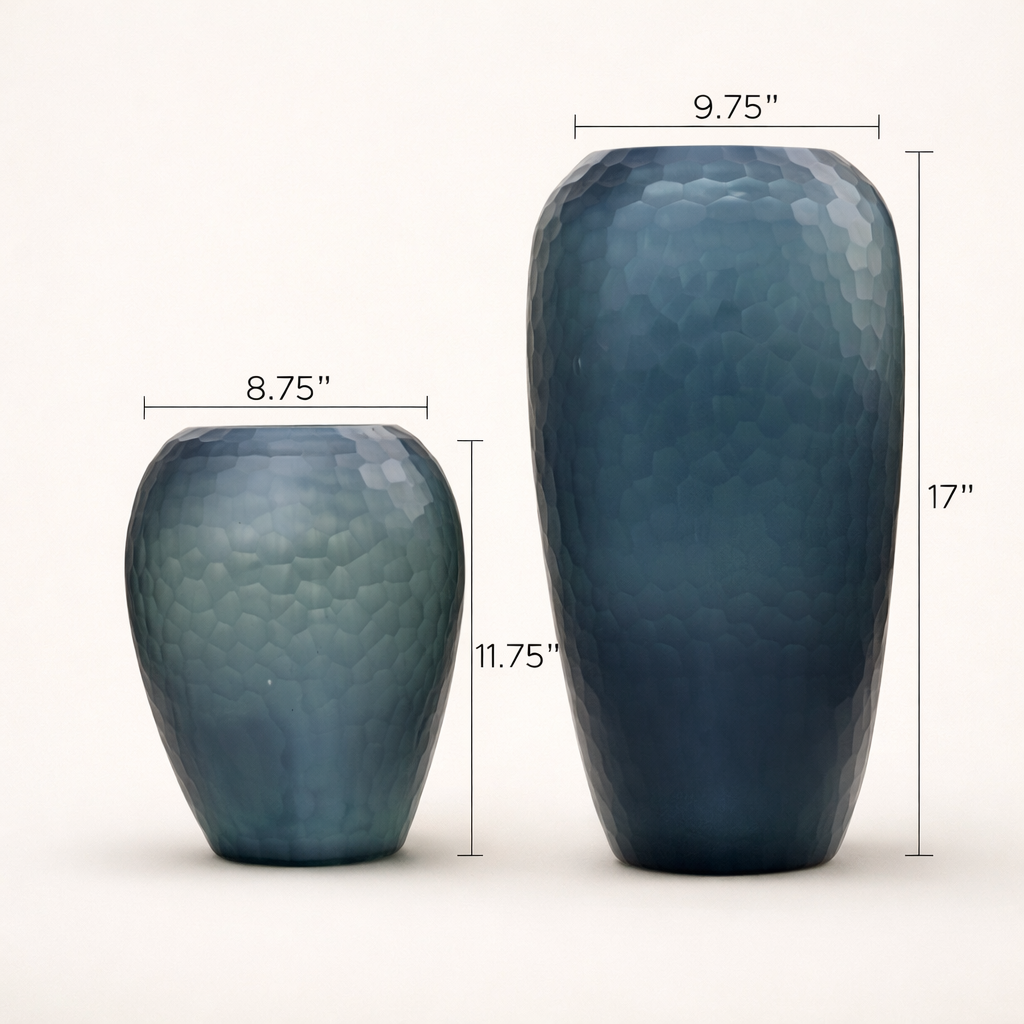 Two blue textured vases with measurements indicated on a white background