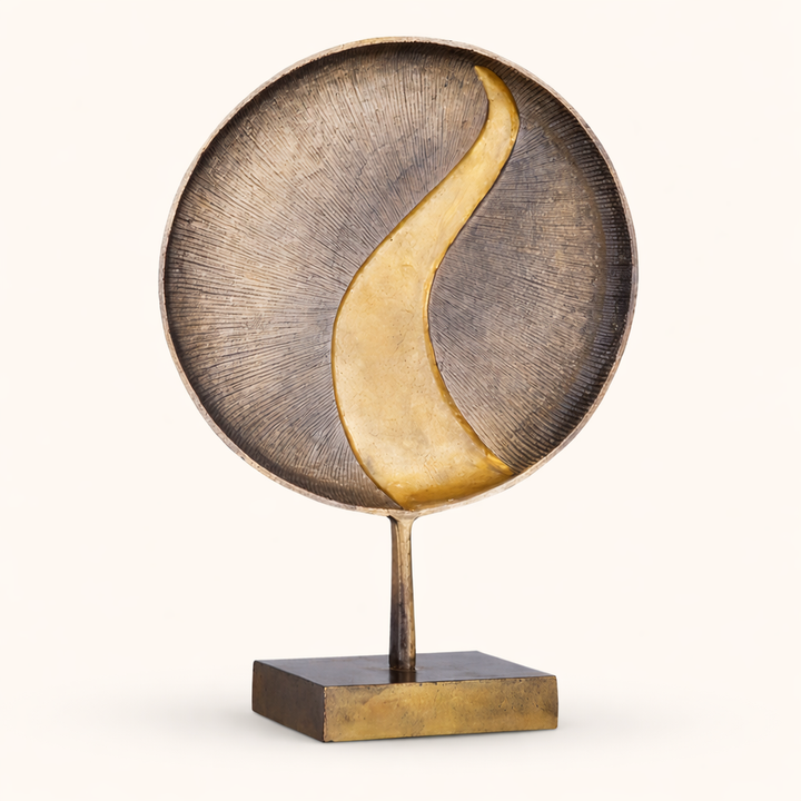 Aureva Radiant Disc Abstract Aluminum Sculpture – Modern Gold & Silver Tabletop Art