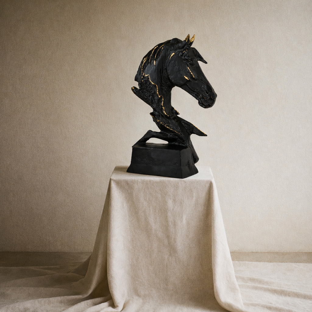 Noir Stallion Black Horse Head Sculpture – Modern Aluminum Tabletop Art Décor