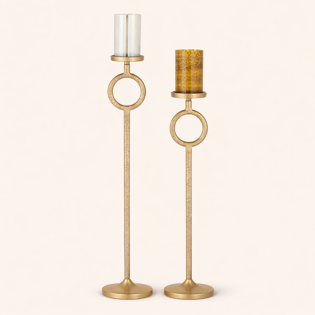 Elaris Antique Gold Ring Candle Holders – Tall Aluminum Stand Set (Set of 2)