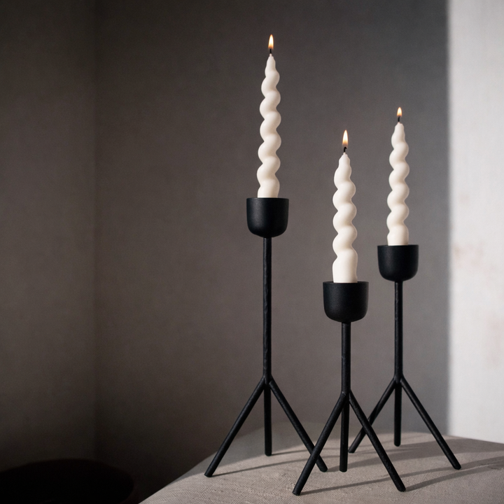 Obsidian Tripod Black Iron Candle Holders – Modern Taper Stand Set (Set of 3)